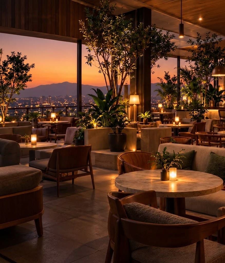 A softly lit venue terrace at sunset